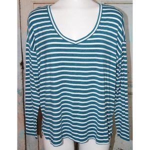 American Eagle Soft & Sexy Long Sleeve T-shirt Teal Striped V-Neck Top Size M